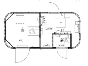 Planløsning offentlig toalett med runde hjørner og en HWC / RWC og en WC
